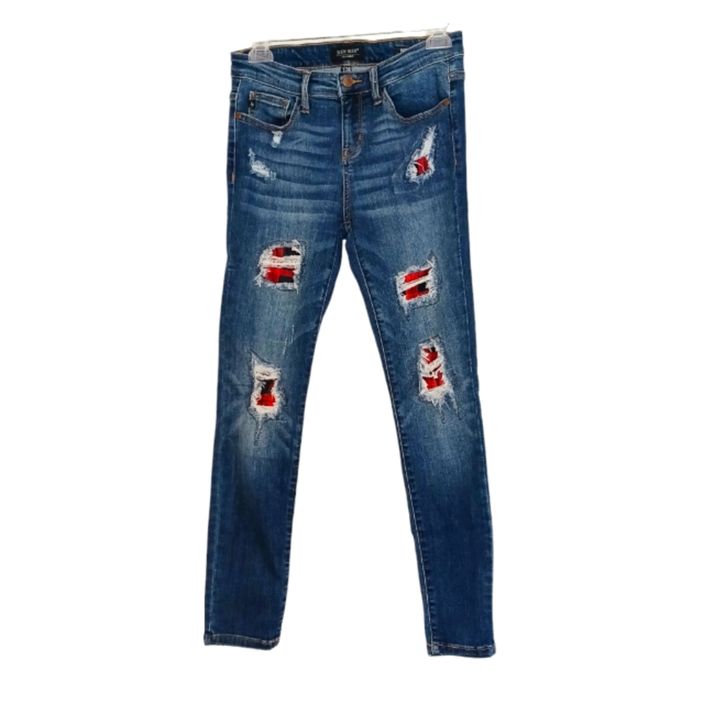 Judy Blue Distressed Buffalo Check High Rise Ankle Jeans Women's Sz 28